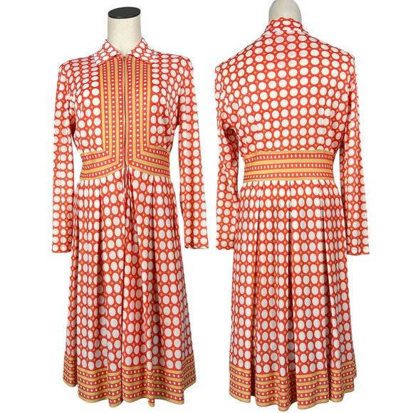 Vintage Dresses & Skirts - Vintage 70s Orange Polka Dot Collared Long Sleeve Front Zip Retro Midi Dress S